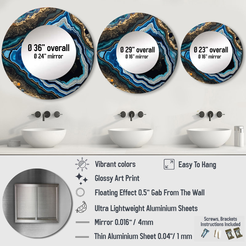 Teal Gold Geode Gems - miroir mural en pierre, miroir décoratif bleu sarcelle, 36 po x 36 po, Rond