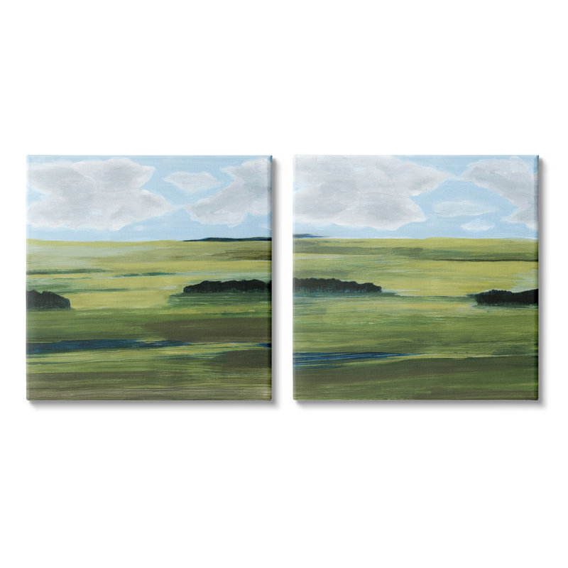 «Rustic Green Valley Trees Abstraction Blue Sky» par Grace Popp, ensemble de 2 peintures sur bois, Toile tendue