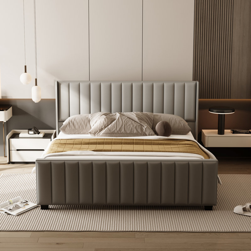 Modern King Size Light Gray Upholstered Platform Bed With Steel Frame