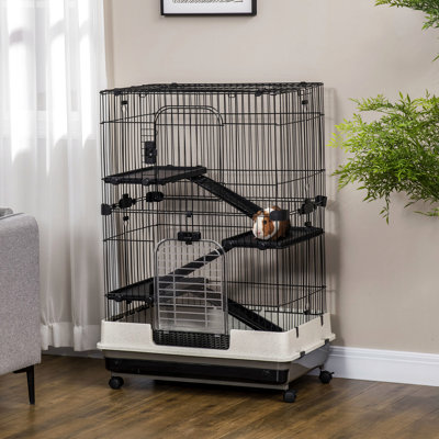 Black Small Animal Cage With Wheeled Structure, Black. Ideal For Rabbit, Chinchilla, Ferret. Includes Removable Tray & Platform. 45"H 4-Level Flicker