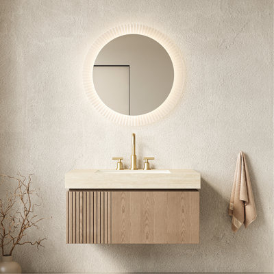 Meuble-lavabo flottant de 36 po avec rangement en contreplaqué, plateau en pierre frittée, lavabo en céramique, 3 trous de robinet pré-percés, armoire de rangement beige dans le meuble-lavabo, pierre, beige, fermeture en douceur, assemblage, facile à