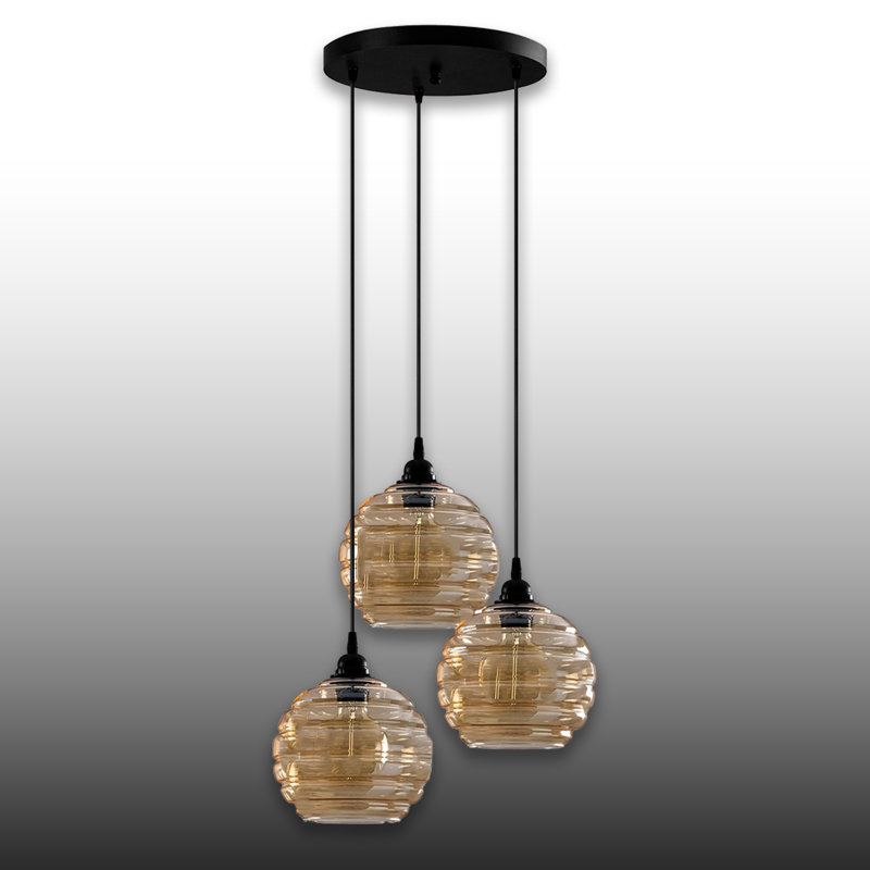 Luminaire suspendu en métal 3 lumières à hauteur réglable avec capuchon en verre fumé