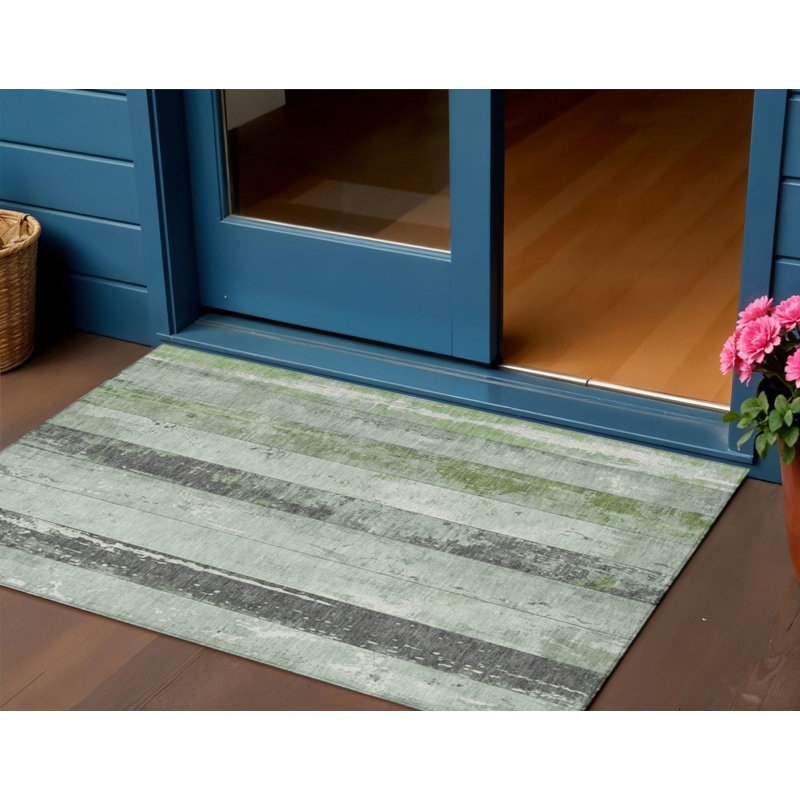 3' X 5' Artichoke Green And Gray Striped Washable Indoor Outdoor Area Rug