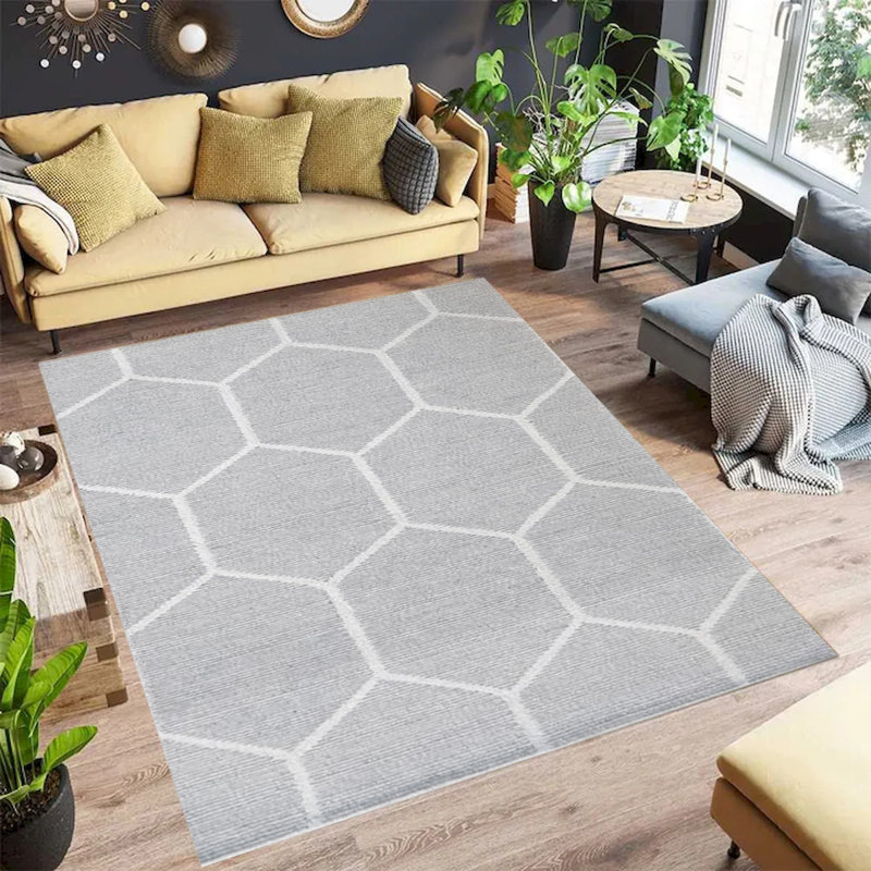 Joris Gray And White Geometric Pattern Handmade Wool Area Rug, Rectangle 2' x 3'