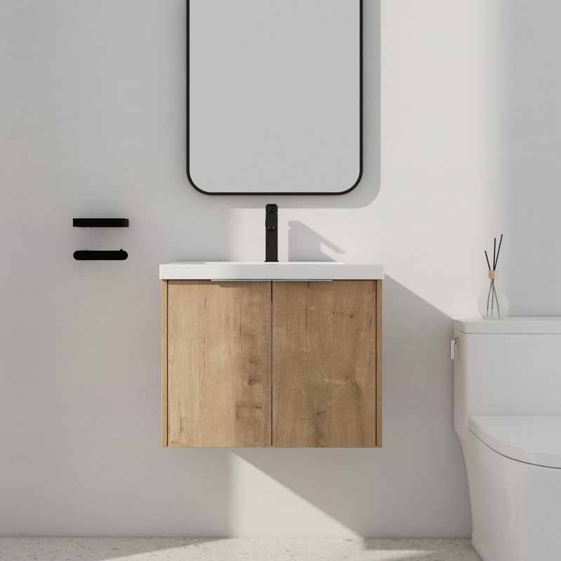 24" Single Sink Wall Mounted Bathroom Vanity,Floating Vanity With 2 Doors and White Resin Top