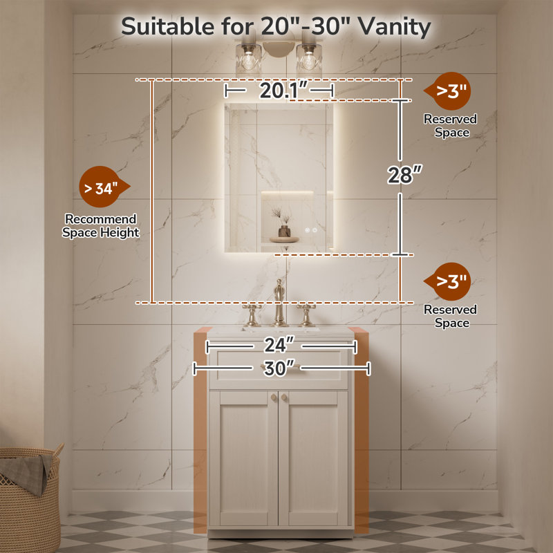Miroir de salle de bain biseauté à rétroéclairage DEL, 28 po x 20 po