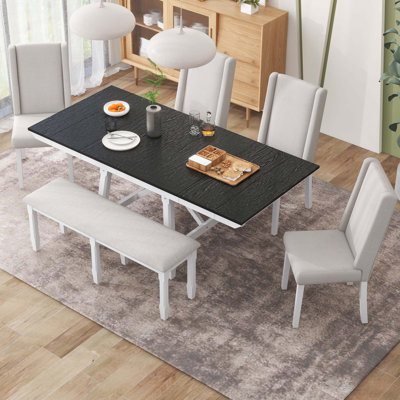 6-Piece Classic Dining Table Set, Rectangular Extendable Dining Table With Two 12""W Removable Leaves And 4 Upholstered Chairs & 1 Bench For Dining Roo -  Red Barrel StudioÂ®, 595215B214A9417B9B0B27F0C7393259