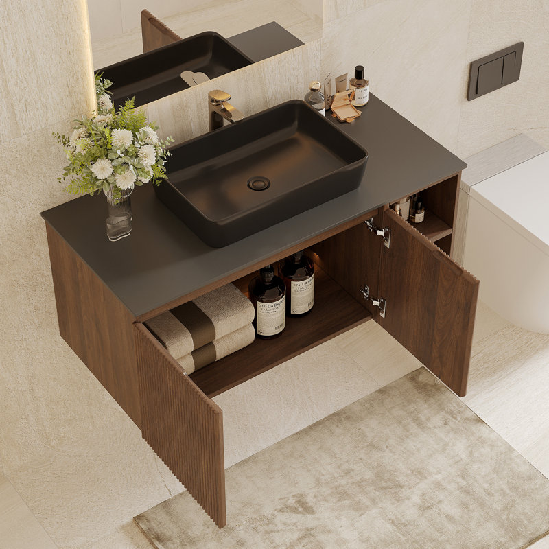 35.84" Single Bathroom Vanity with Stone Top, Brown Wood, Black Vessel