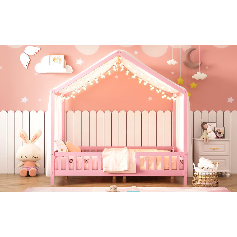 Lit de sol avec baldaquin Montessori, Lit double, Rose