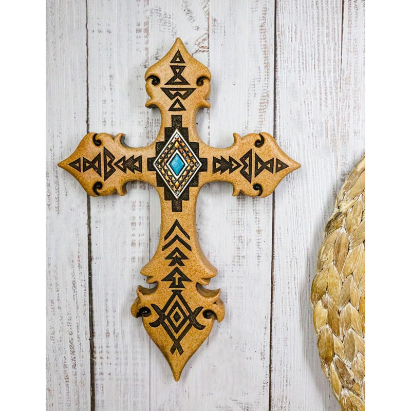 Figurine croix du sud-ouest rustique aztèque à motif de losanges turquoise et crème