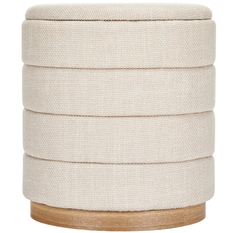 16" Round Upholstered Linen Storage Ottoman, Beige