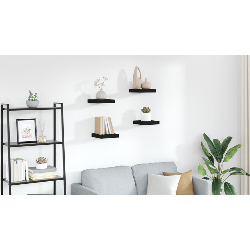 Wall Shelf  Wall Mounted Display Shelf for Photo Frame Set of 4, 1.5" H x 9.1" W x 9.3" D, Black, 4