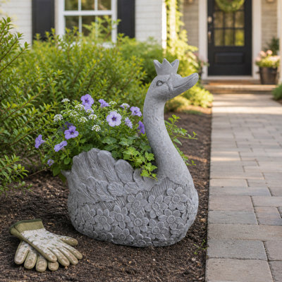 Decorative Elegant Swan Polyresin Outdoor Planter For Home Decor -  Refined Indoor Flower Pot For Living Room Patio Accent - 20", Gray