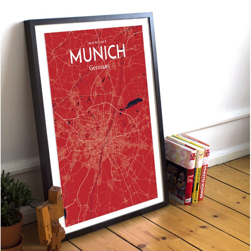 Munich City Map - No Frame Print, 61cm H x 45.7cm W x 0.13cm D x 0.13cm D, Red
