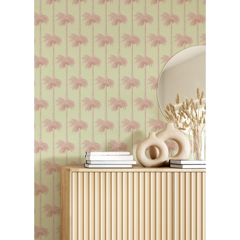 Retro Tiki Palm Trees - Wallpaper, Pink, Premium Paper
