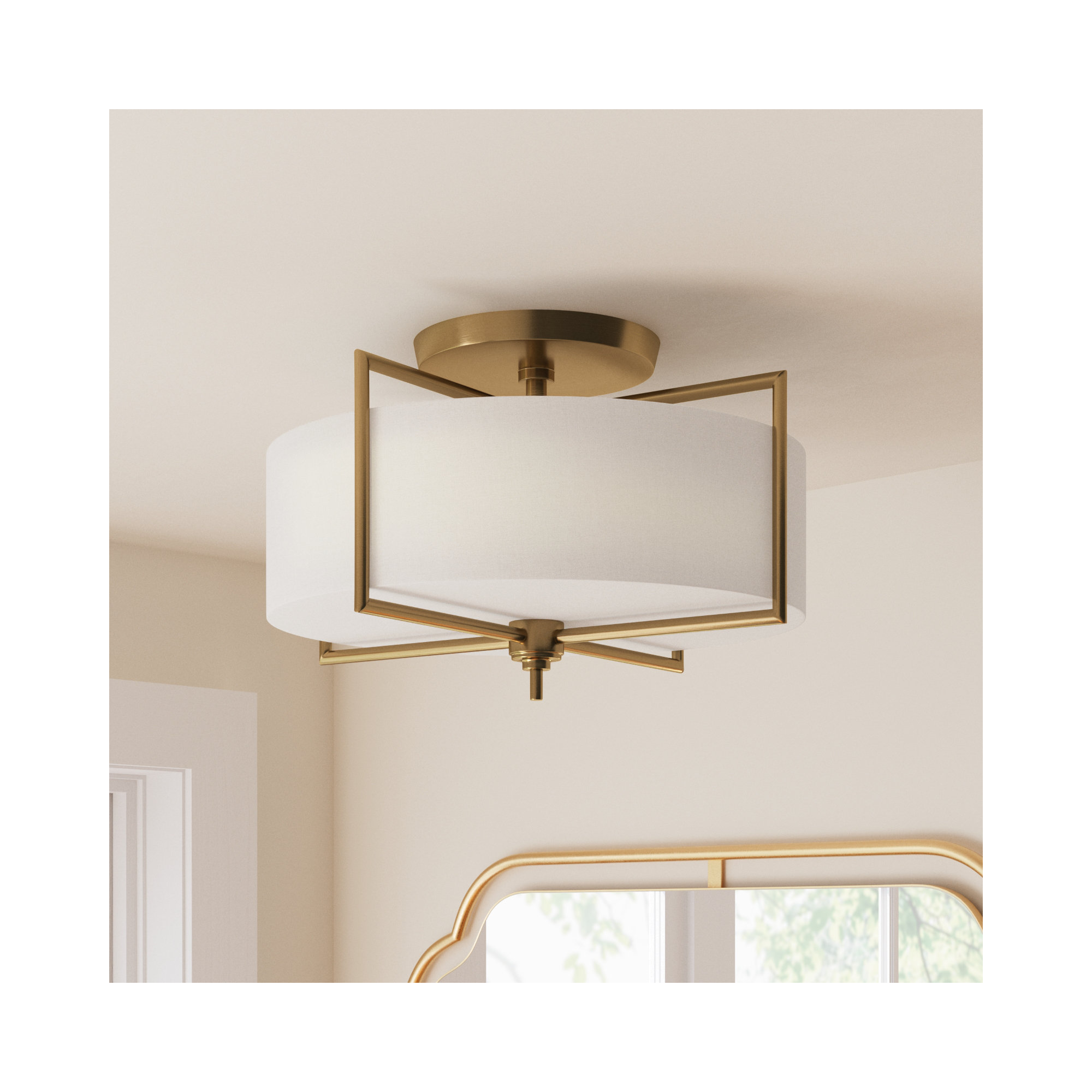 Fabric Semi Flush Mount, Burnished Brass, 10" H x 15" W x 15" D