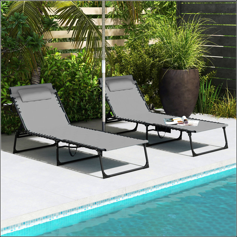 Ensemble de chaise longue pliante avec dossier inclinable à 5 niveaux, Gris