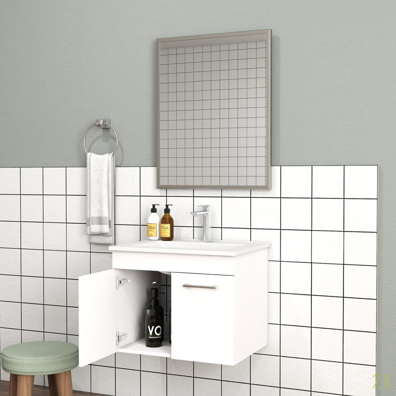 Meuble-lavabo 24 po avec lavabo et miroir, meuble-lavabo mural avec portes doubles, cadre en aluminium, charnières à fermeture douce, longues poignées en métal, lavabo en céramique