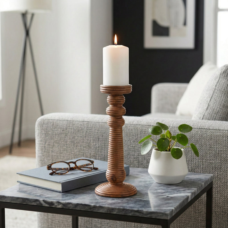 Ribbed Mango Wood Pillar Candle Holder For Home Decor - Sculptural Decorative Accent For Dining Room Tabletop Or Coffee Table - 13", Brown & Tan