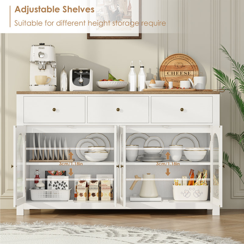 ☕ Bonnetta 55.1"W Modern Buffet Sideboard with Fluted Doors – Storage Cabinet with Drawers & Adjustable Shelves, Coffee Bar Console Table, Credenza for Living Room, Dining Room, Kitchen