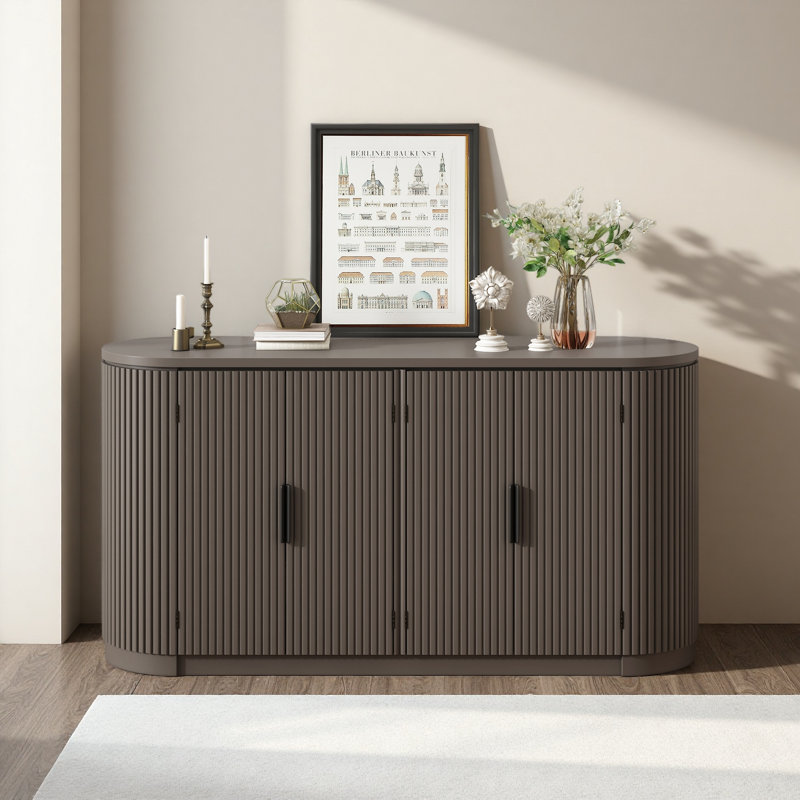 Vertical Striped Door Storage Cabinet With Metal Handles, Adjustable, Suitable For Study, Entryway And Living Room, Brown