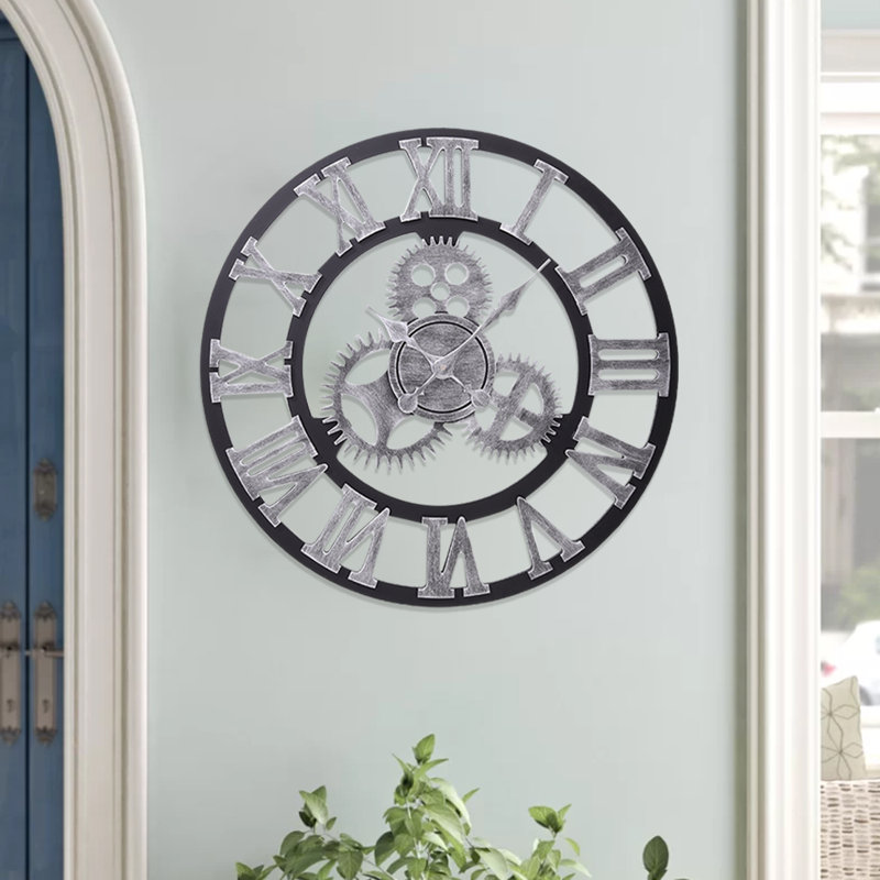 Abrahams 58cm Industrial Large Retro Silent Wall Clock for Home Decor, Silver