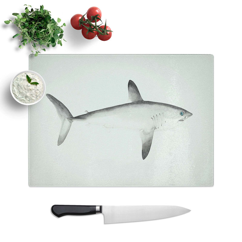 Glass Illustration of A Porbeagle Shark by F.E. Clarke Chopping Board, 39 cm W x 28.5 cm L