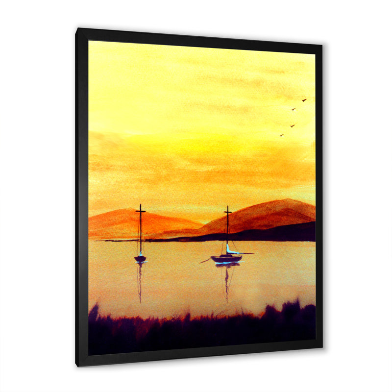 Bateaux dans un paysage côtier jaune et orange - Décoration murale traditionnelle sur toile, H 20 po x l 12 po x P 1 po