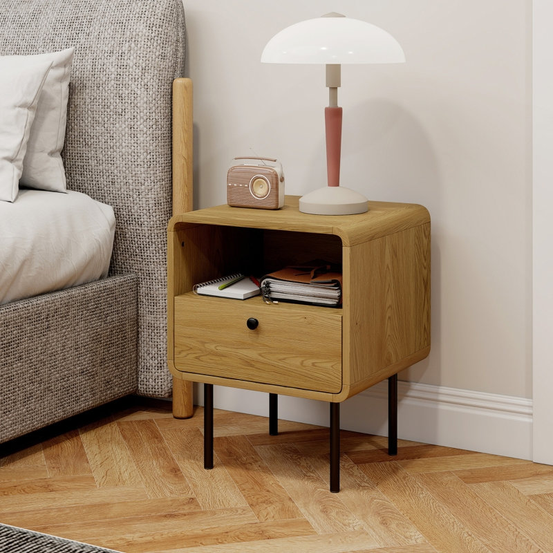 Oak effect engineered wood bedside table, compact nightstand with drawer, open shelf and metal legs