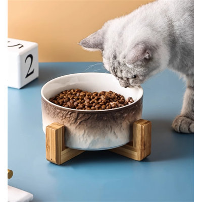 Bol en céramique pour animaux de compagnie avec motif en pierre et support en bambou