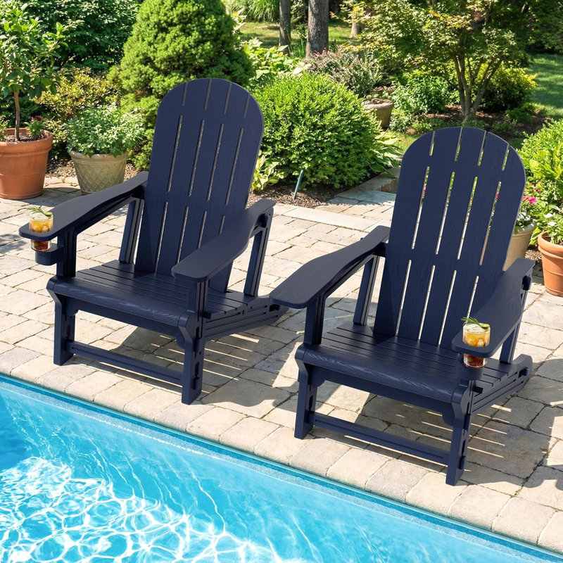 Adirondack Chair Set Of 2,HDPE Adirondack Chair W/Removable Tablelop & Umbrella Hole,All-Weather Wooden Textured Plastic Outdoor Chairs W/Cup Holder For Garden Backyard Pool,Dark Blue