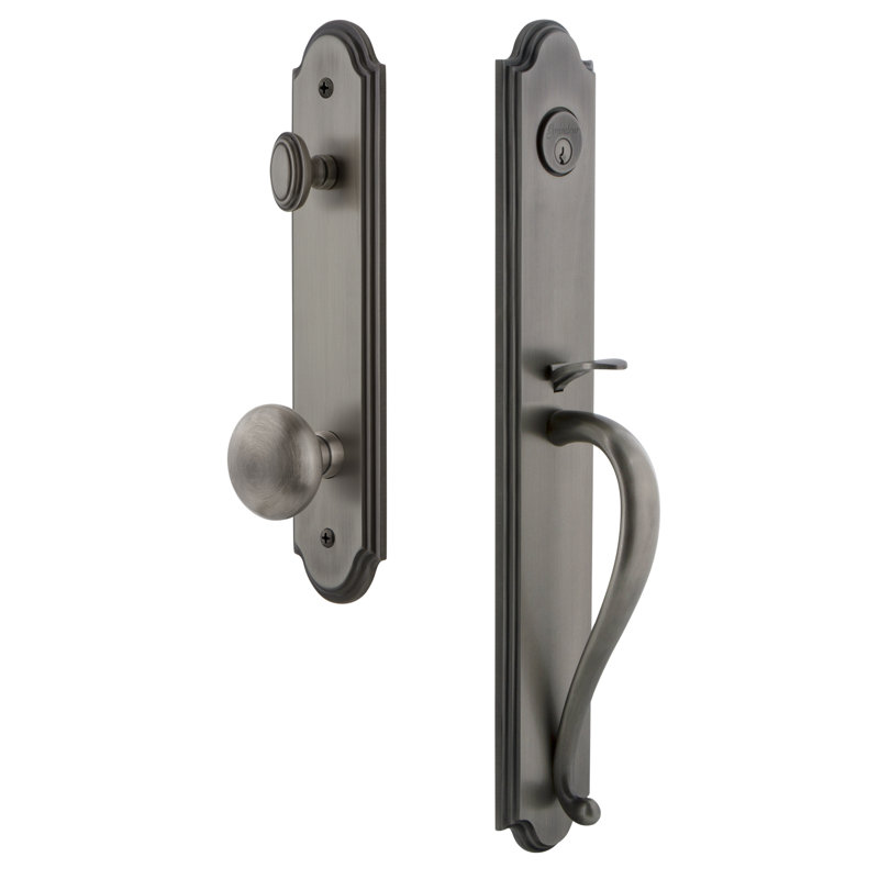 Arc Handleset with Single Cylinder Deadbolt and Fifth Avenue Door Knob and Rosette, Antique Pewter, 2.375"
