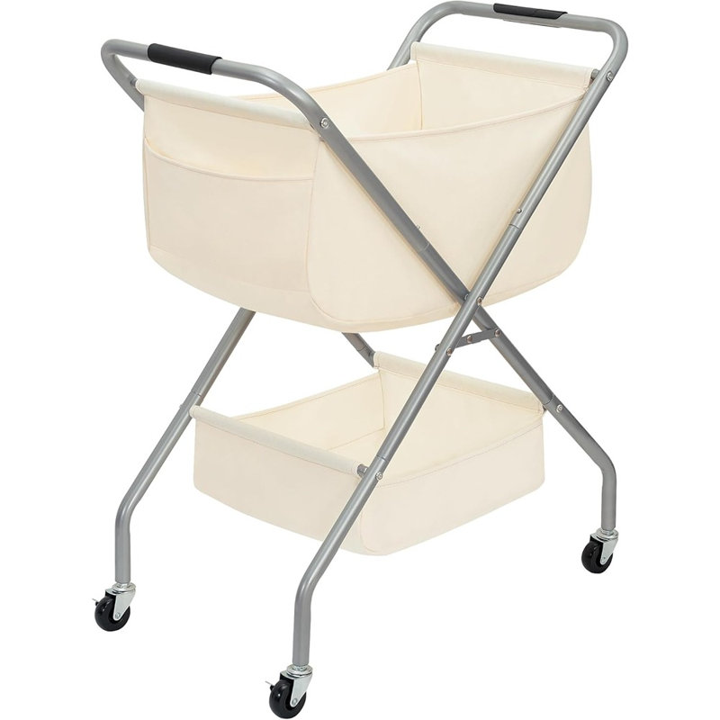 Collapsible Laundry Cart With Wheels, Rolling Laundry Hamper With Steel Frame And Canvas Liner, Foldable Clothes Basket For Small Spaces And Easy Storage, Beige