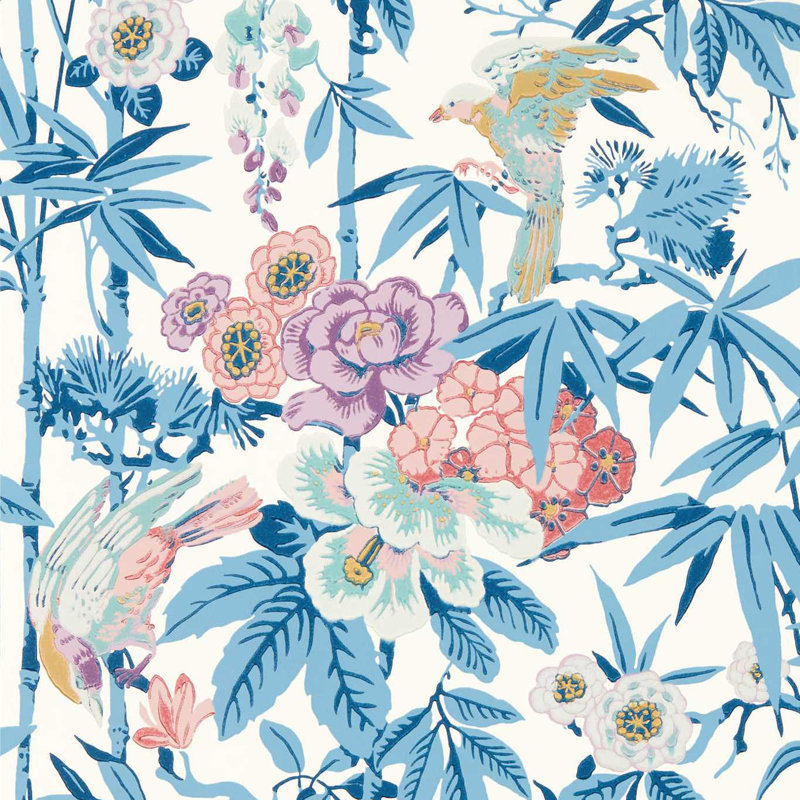 Bamboo & Birds Wallpaper, China Blue/Lotus Pink
