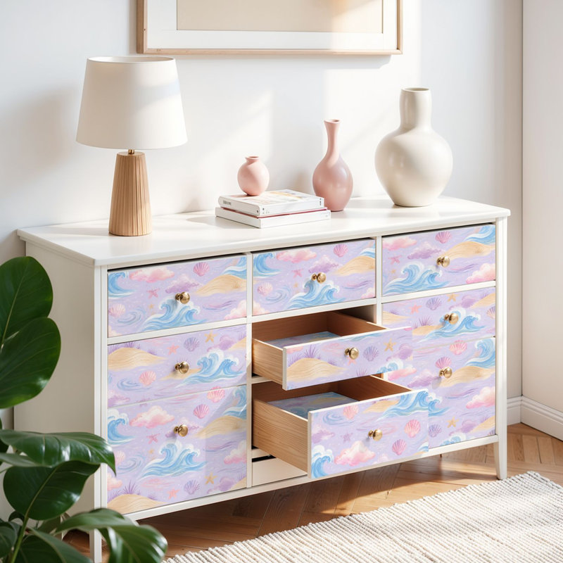 Papier peint adhésif tropical avec papier de couleur pastel, rose pastel, bleu, mauve, bleu, moelleux, plage de nuages