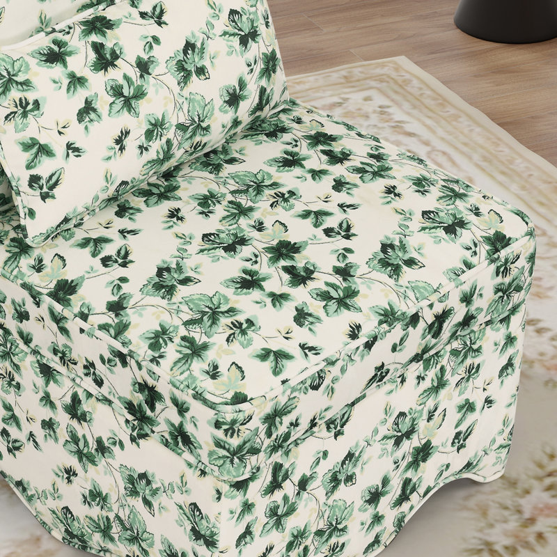 Armless Accent Chair With Floral Pattern Slipper Side Chair Upholstered Single Sofa Lounge Chair With Pillow, Green Velvet