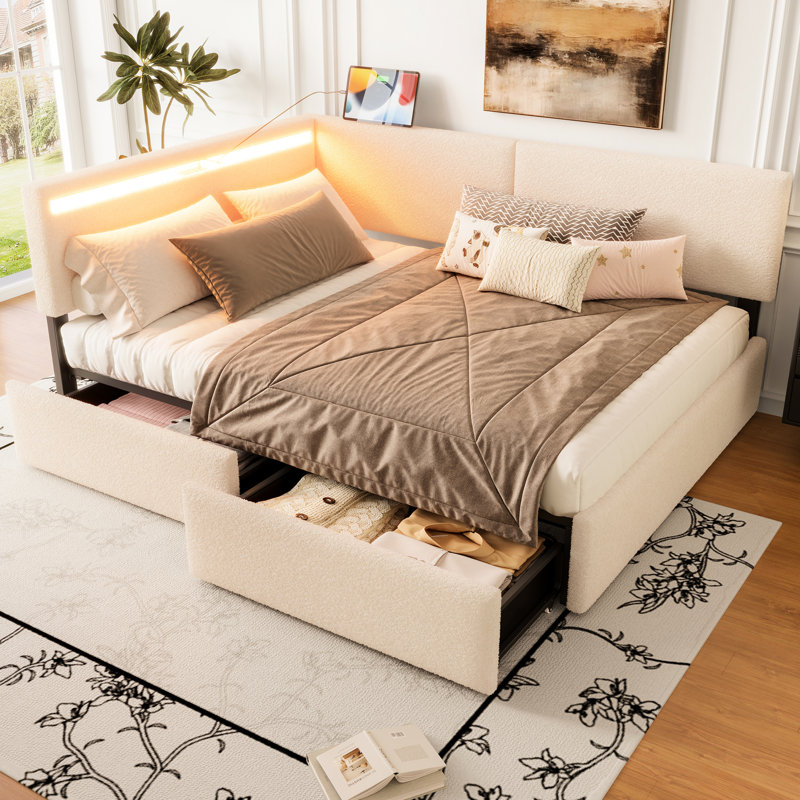 Structure de lit double avec DEL, charge, 2 tiroirs de rangement, accoudoirs rembourrés de mousse et tête de lit tapissier beige rembourrée, tissu doux de soutien en bois massif