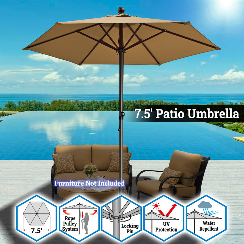 Parasol pour terrasse de jardin de 7,5 pi et 6 côtes avec poulie et parasol, Tanné