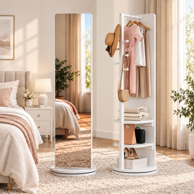 Miroir sur pied pivotant à 360° avec portemanteau et crochets, gain de place, blanc
