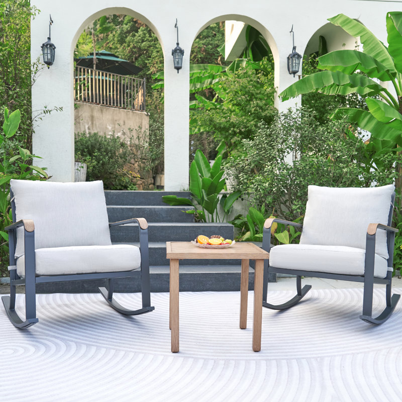 3 Pieces Outdoor Patio Furniture Conversation Set with 2 Metal Rocker Chairs, Gray/Brown Frame/Gray Cushion