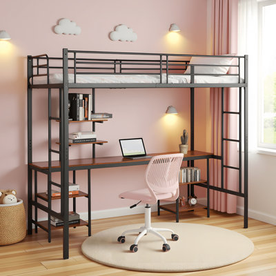 Metal Loft Bed with Desk and Shelves, Space - Saving Multifunctional Bed Frame