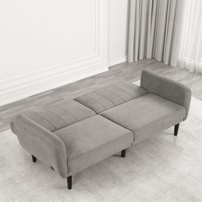 Transitional Convertible Gray Futon In Contemporary Design, 2 - Seat, With Channeled Back, Soft Track Arms, And Charging, Fabric Rubberwood Frame Modern Seat Cushion Seats, A & C Ports, Made Of Wood