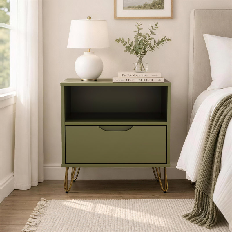Rockefeller 20" Mid-Century Modern 1-Drawer Nightstand, Olive Green