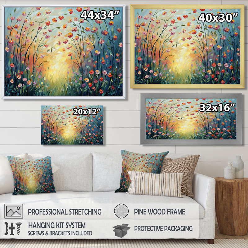 Coucher de soleil fleurs sauvages dans la nature II - Fleurs murales sauvages, H 34 po x l 44 po, Cadre flottant, Brun