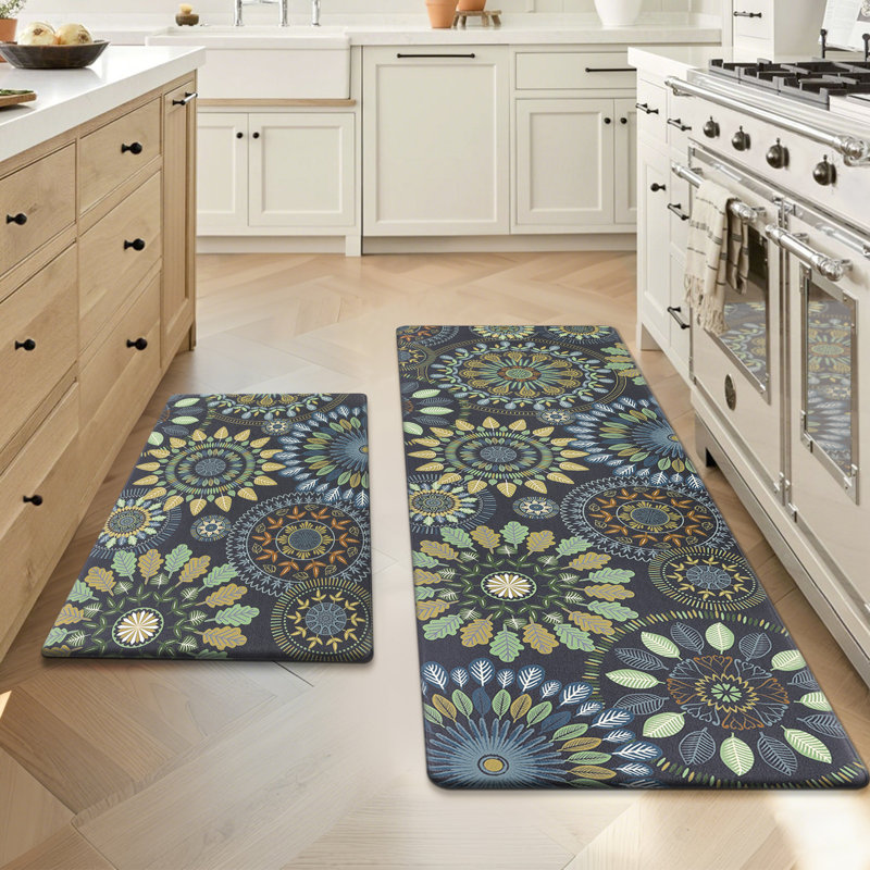 Jalissia Anti-Fatigue Non-Skid Kitchen Mat, Runner 18" x 30" + 18" x 48", Gray/Beige/Dark Green/Blue