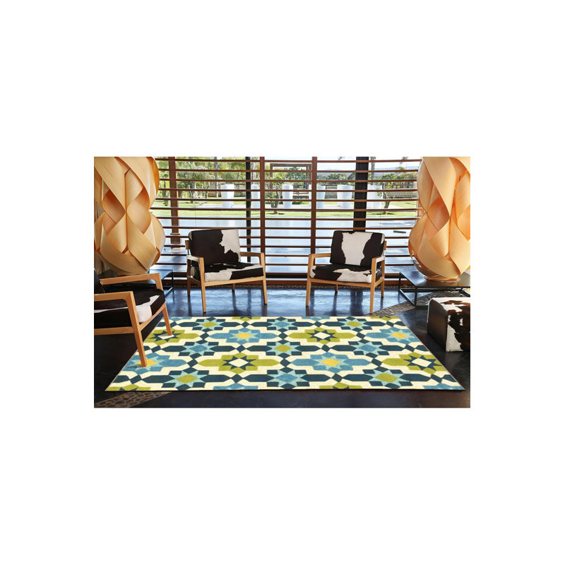 Blue Green Mixed Shape Pattern Creative Modern Decorative Washable Rug, Runner 4'11" x 9'10" Rug Pad Included