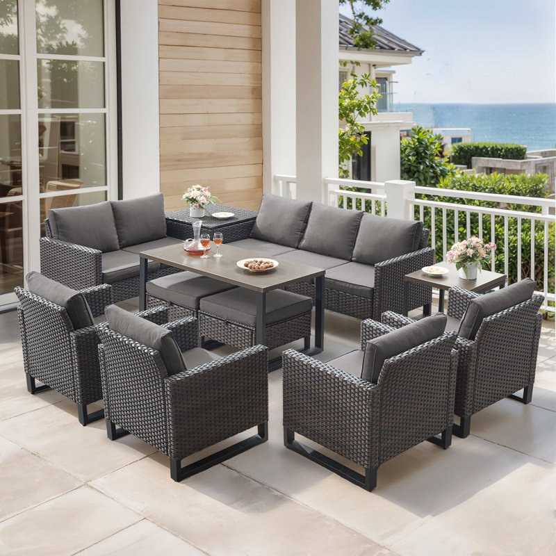 Ingvald All-Weather Wicker Outdoor Patio Conversation Set Seating Group With Lounge Chairs And 52" Table, Gray
