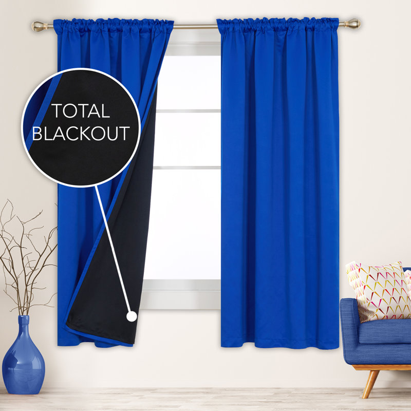 Deconovo 100 Percent Blackout with Liner Rod Pocket Curtain Panel Pair, 52" W x 63" L, Royal Blue