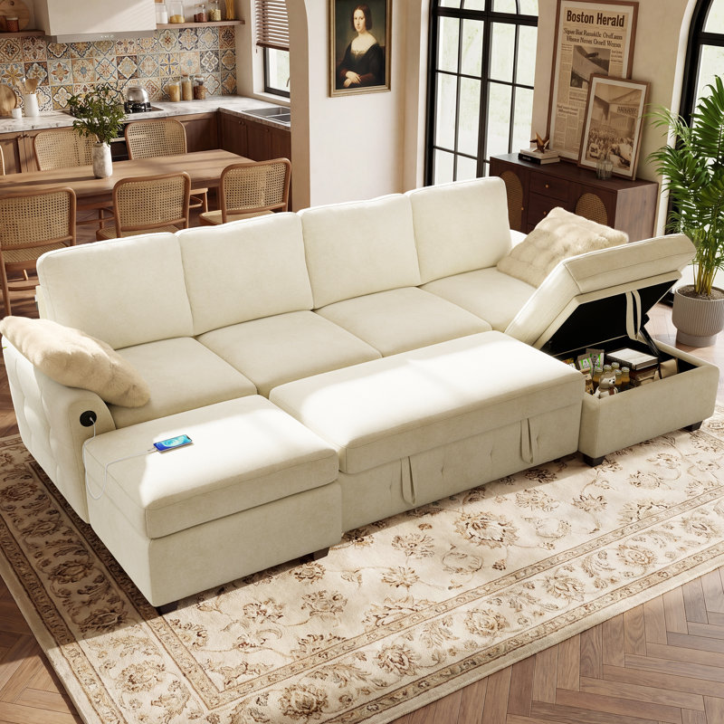 Canapé-lit modulaire en U en chenille de 104 po avec lit escamotable et deux repose-pieds avec rangement Macleod, Beige