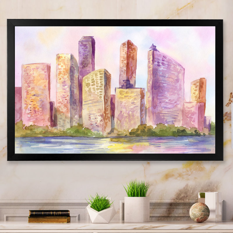 Metropolis City at Sunset - Peinture sur toile encadrée, H 12 po x l 20 po x P 1 po, Cadre photo noir